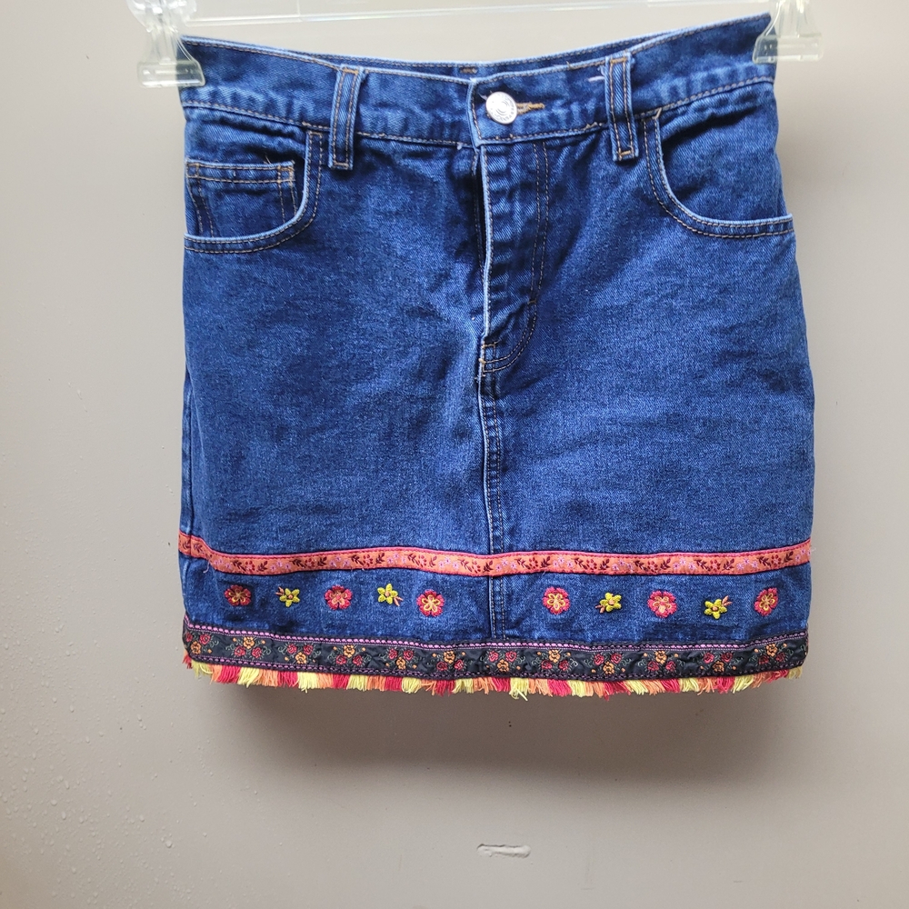 Y2K Jordache Blue Denim Mini Skirt with Colorful Trim